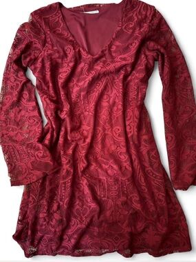 maurices red lace dress Maurice's Red Blue Floral Midi Tiered Lace Back Dress Small S